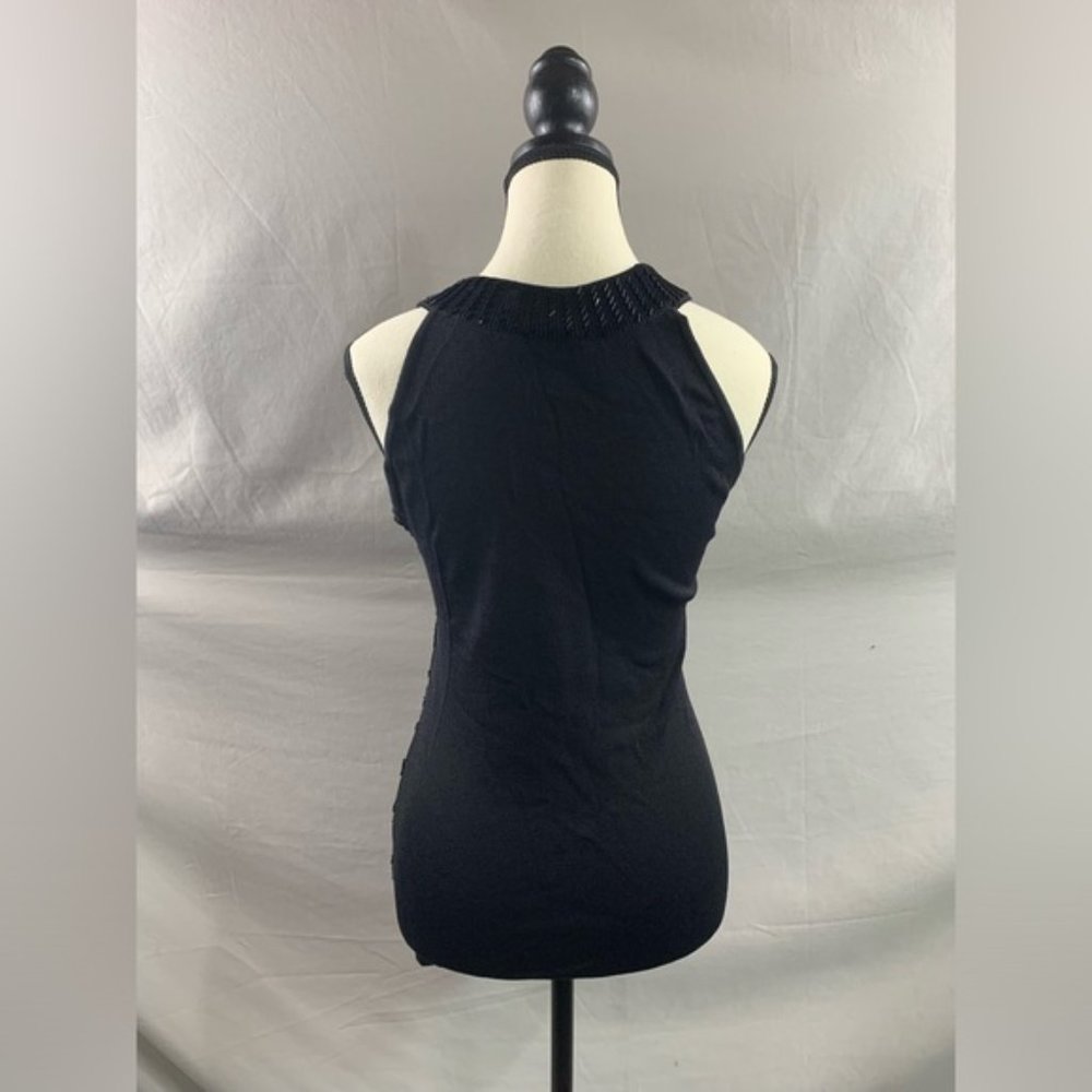 Black Beaded Diamond Lattice Sleeveless V-Neck Knit Tank Top - Picture 8 of 9